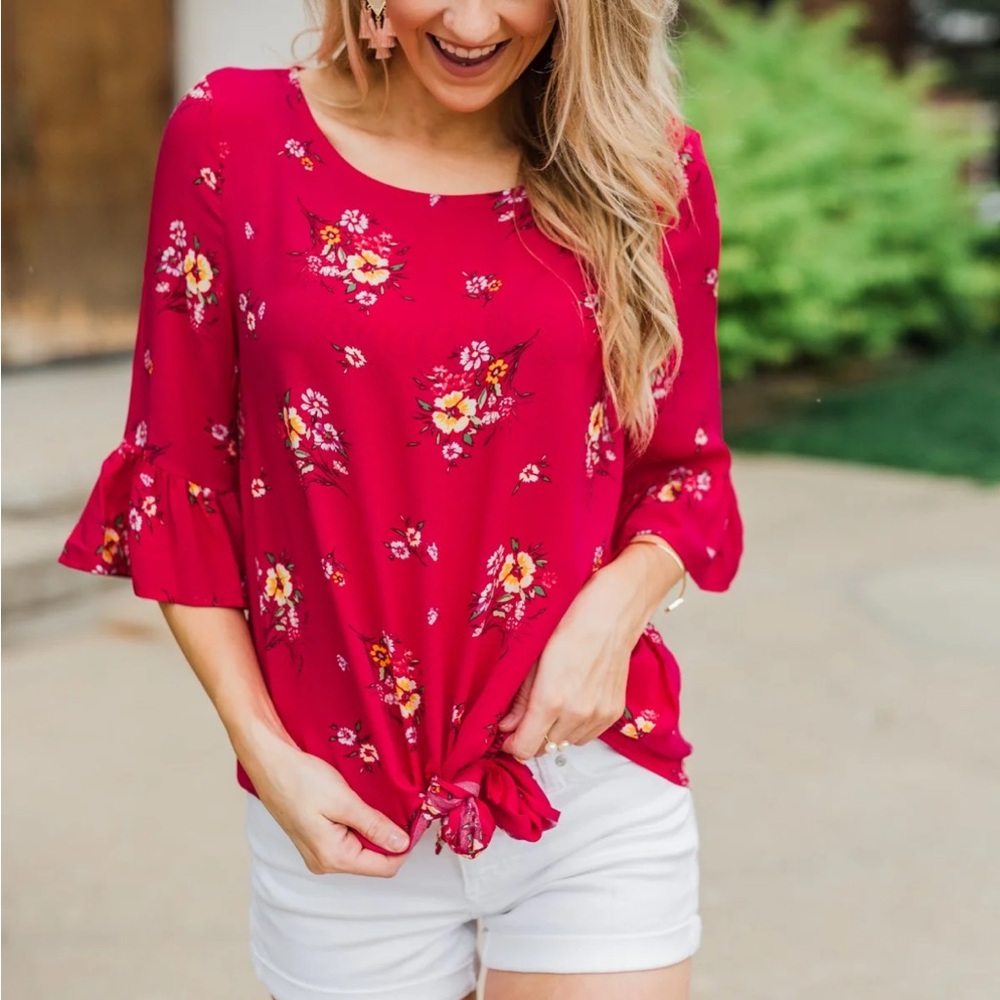 NWT Fuchsia Floral Front-Tie Top‎ M - Picture 8 of 14